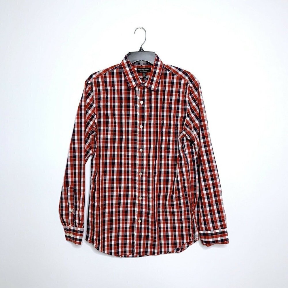Banana Republic Mens Button Front Shirt Red Blue‎ White Plaid Non Iron Tailored